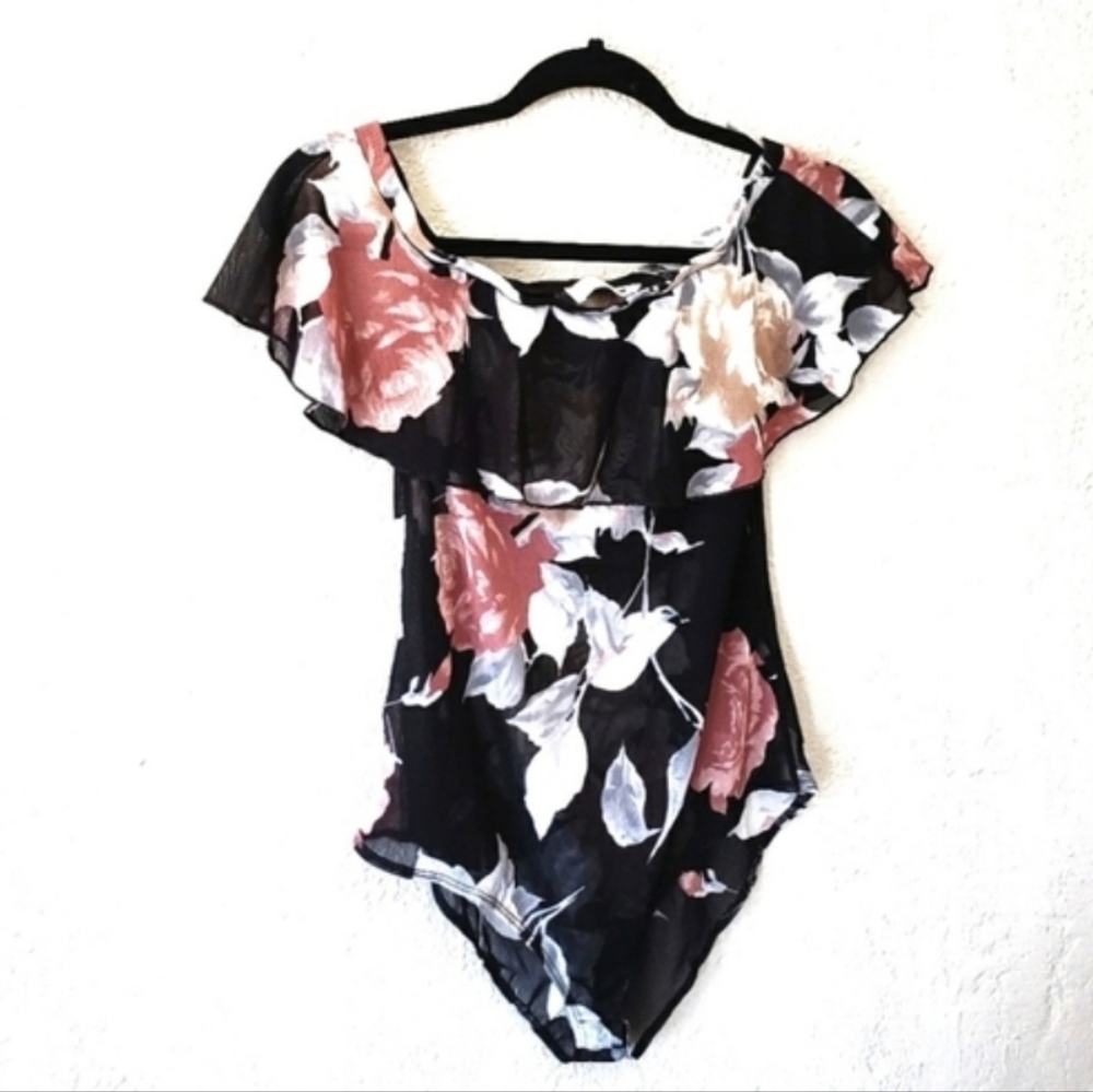 LAVENDER FIELDS BLACK PEACH WHITE FLORAL BODYSUIT..SIZE L - Picture 2 of 6